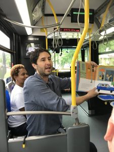 Author reading on the Storybus